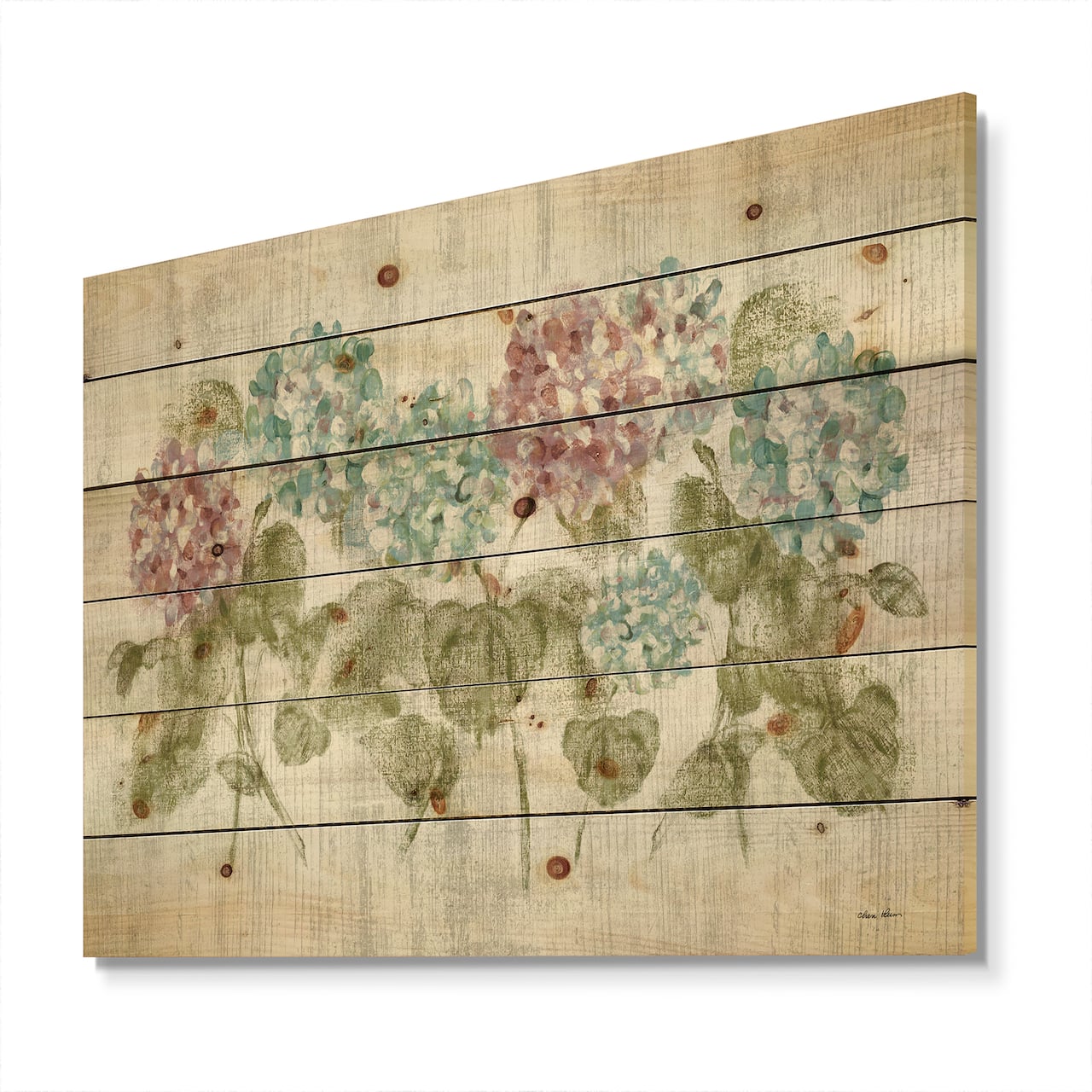 Designart - Red and Blue Vibrant Hydrangea Flowers - Cabin & Lodge Print on Natural Pine Wood
